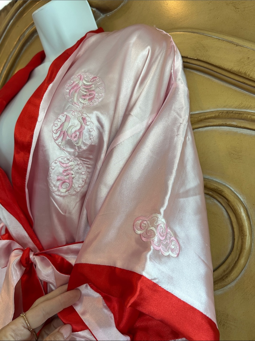 Satin Reversible Pink Kimono Robe with Red Trim and embroidered designs - Picture 6 of 13